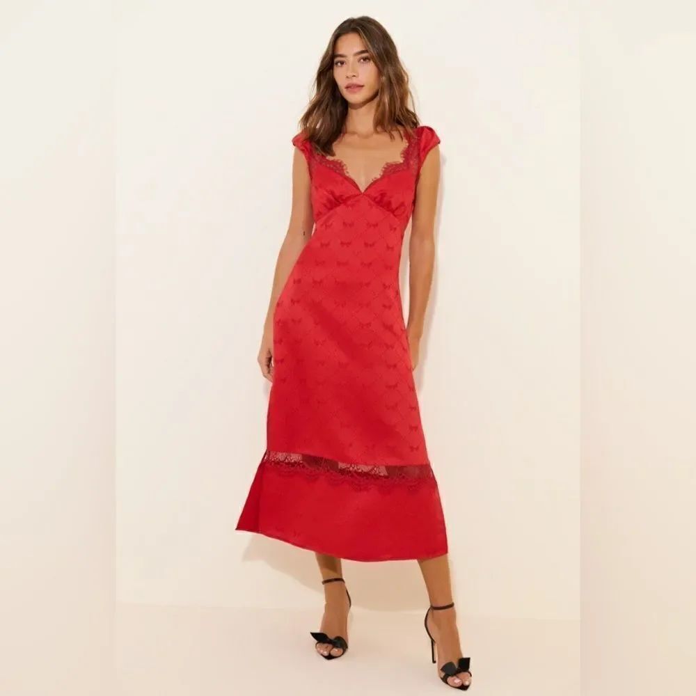 NWT Free People Foolish Heart Midi Dress in Red Dahlia Combo Size Large